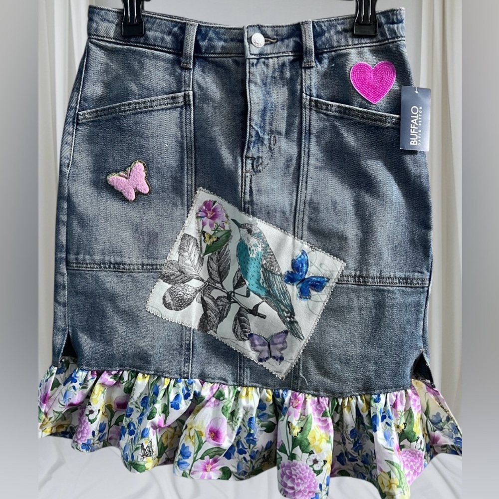 NWT Buffalo Denim Skirt Size 29 Refashion Floral Ruffle Hem Patchwork